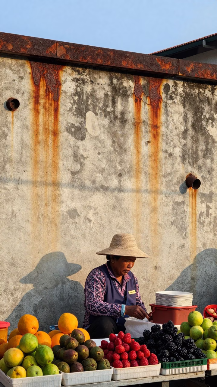 Late Afternoon Street Scene in Singapore with Rusty Wall and Berry Vendor in in Singapore, Singapore