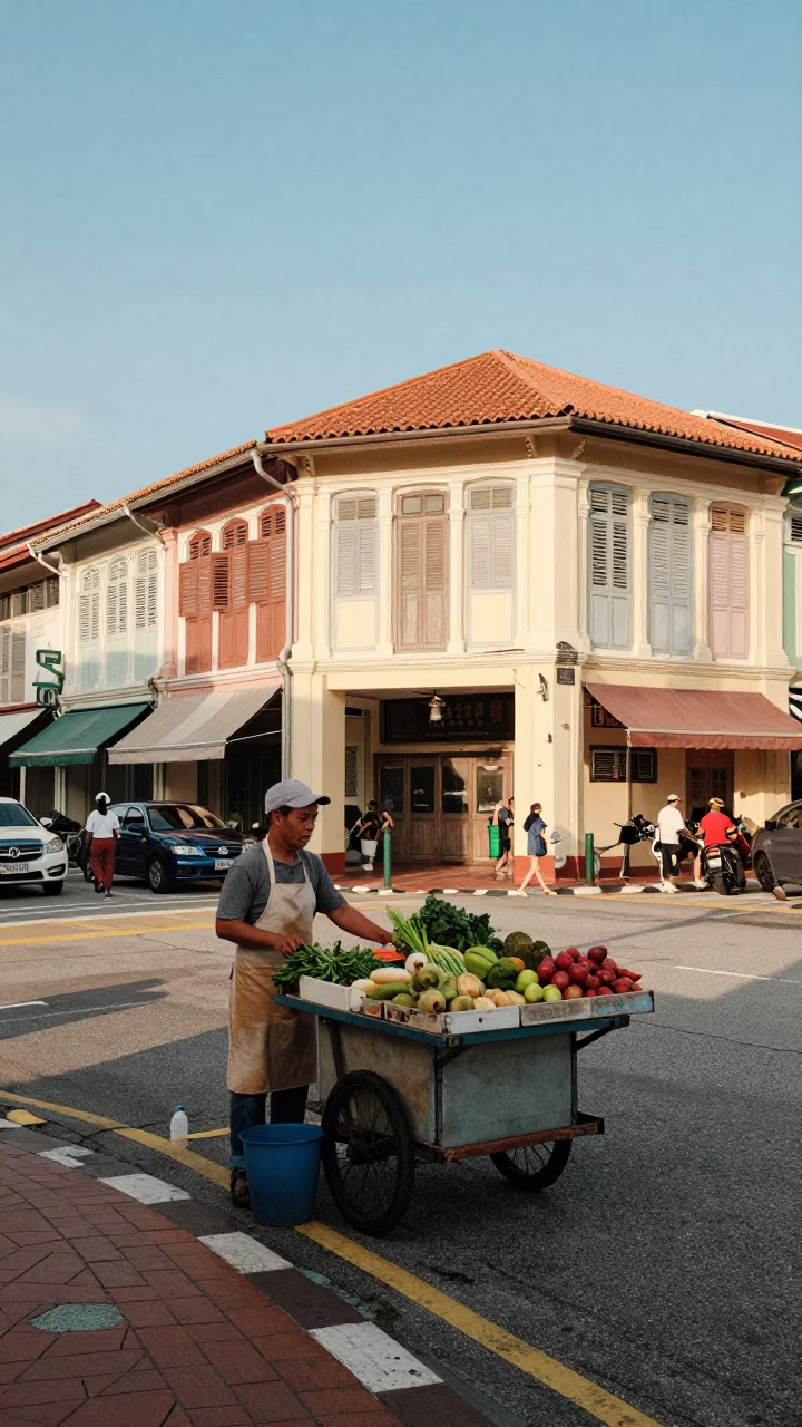 Late Afternoon Street Scene in Singapore with Vintage 1950s Charm and Local Details in in Singapore, Singapore
