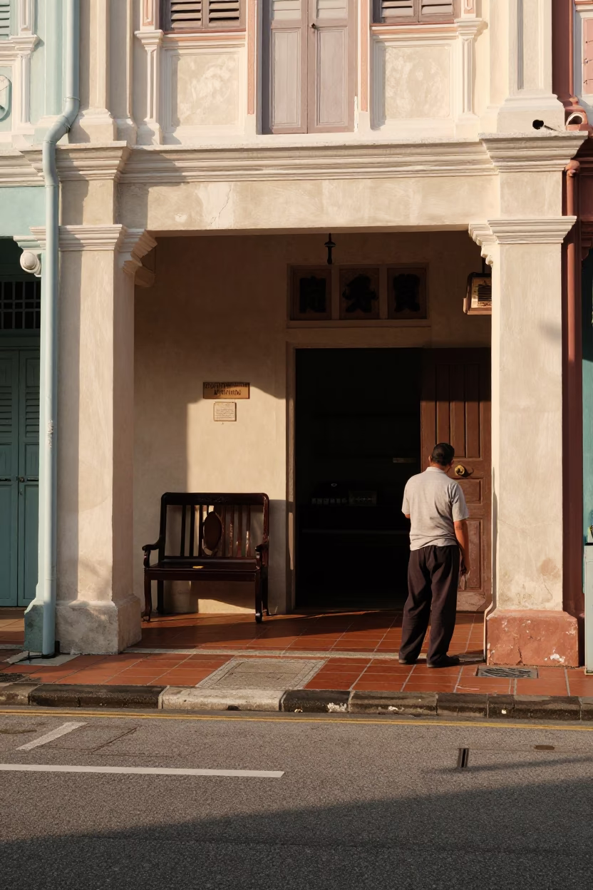 Late Afternoon Street Scene in Singapore with Worker and Vintage Objects in in Singapore, Singapore