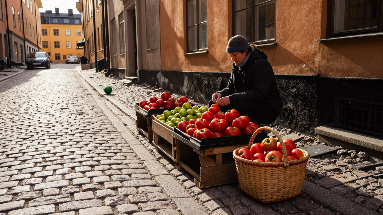 Late Afternoon Street Scene in Stockholm Sweden Featuring Tomatoes and Peg Basket in in Stockholm, Sweden