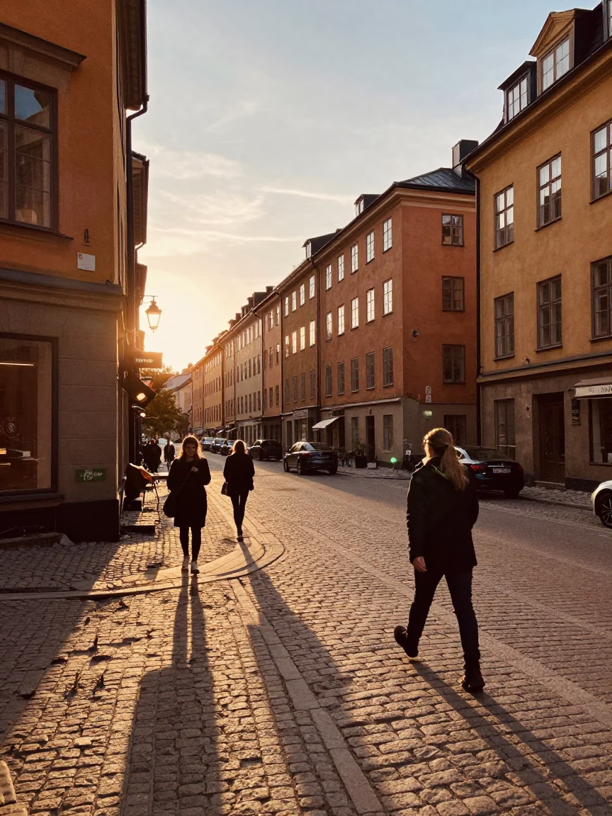 Late Afternoon Street Scene in Stockholm Sweden with Vintage 1980s Aesthetic in in Stockholm, Sweden