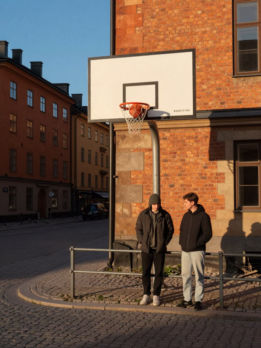 Late Afternoon Street Scene in Stockholm Sweden with Vintage Basketball and Urban Details in in Stockholm, Sweden
