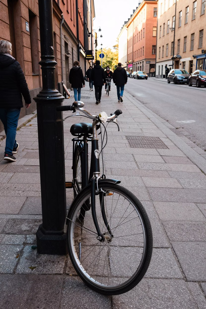 Late Afternoon Street Scene in Stockholm Sweden with Vintage Bicycle and Camellia Flower in in Stockholm, Sweden