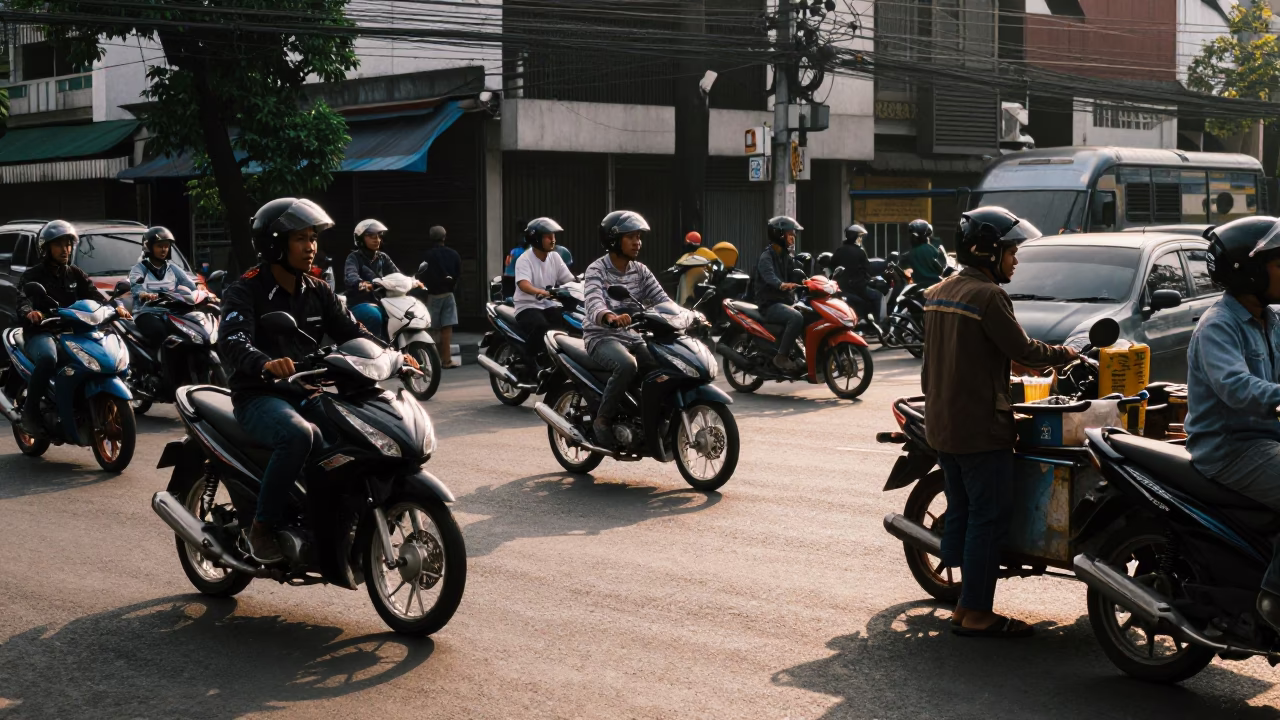 Late Afternoon Street Scene in Surabaya Indonesia with Motorcycles and Urban Life in in Surabaya, Indonesia