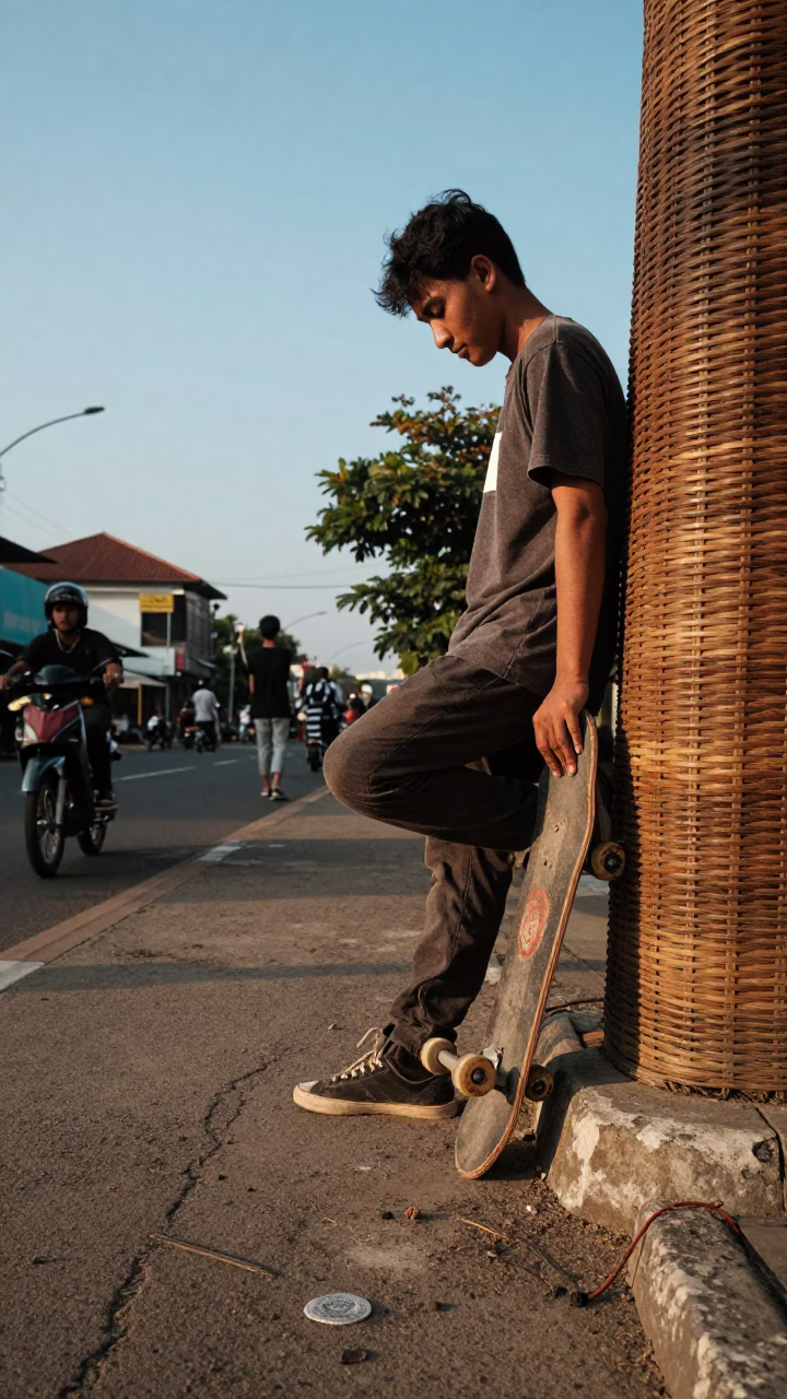Late Afternoon Street Scene in Surabaya Indonesia with Skateboard and Wicker Shadows in in Surabaya, Indonesia