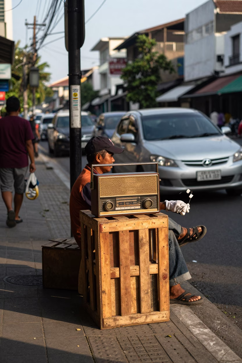 Late Afternoon Street Scene in Surabaya Indonesia with Vintage Radio and Tea Stains in in Surabaya, Indonesia