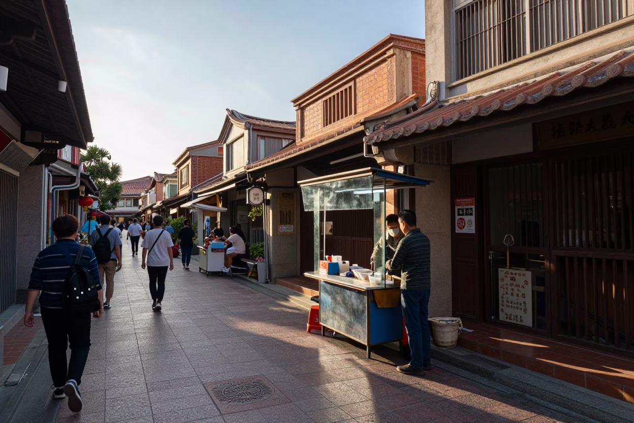 Late Afternoon Street Scene in Tainan Taiwan Featuring Traditional Shopfronts and Everyday Street Life in in Tainan, Taiwan