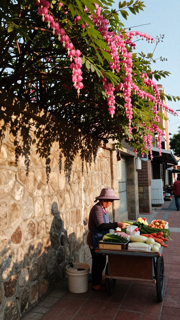 Late Afternoon Street Scene in Tainan Taiwan with Bleeding Heart Vine and Traditional Architecture in in Tainan, Taiwan