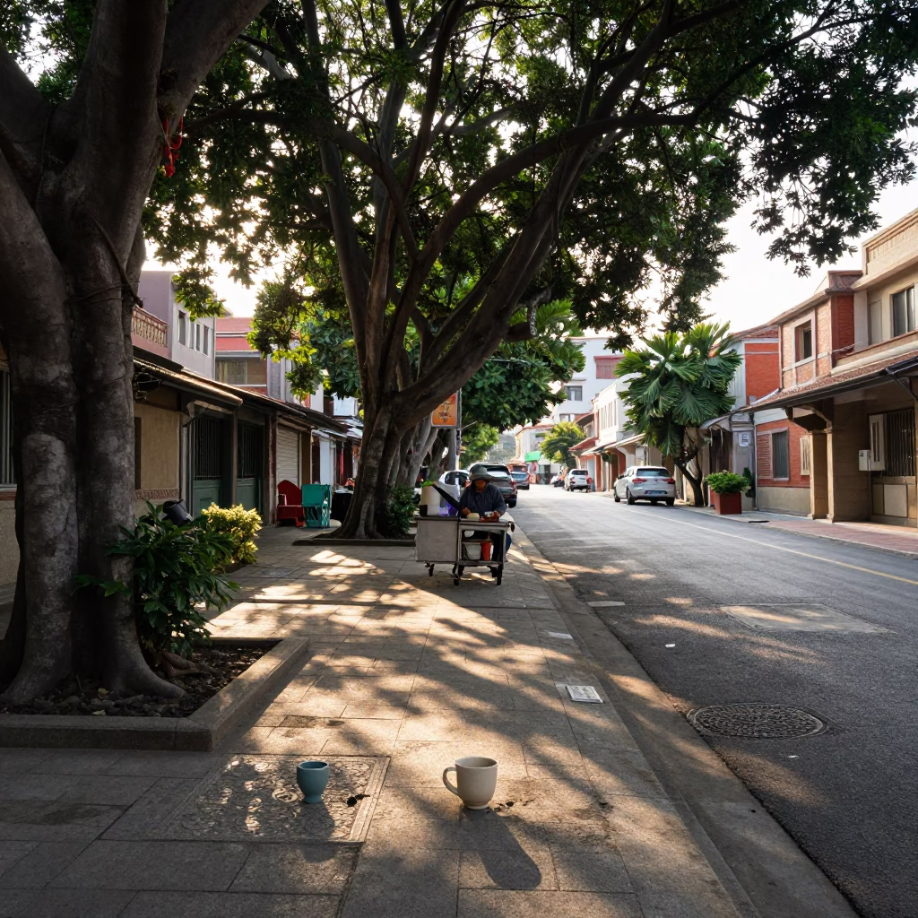 Late Afternoon Street Scene in Tainan Taiwan with Ceramic Cup and Basil Leaves in in Tainan, Taiwan