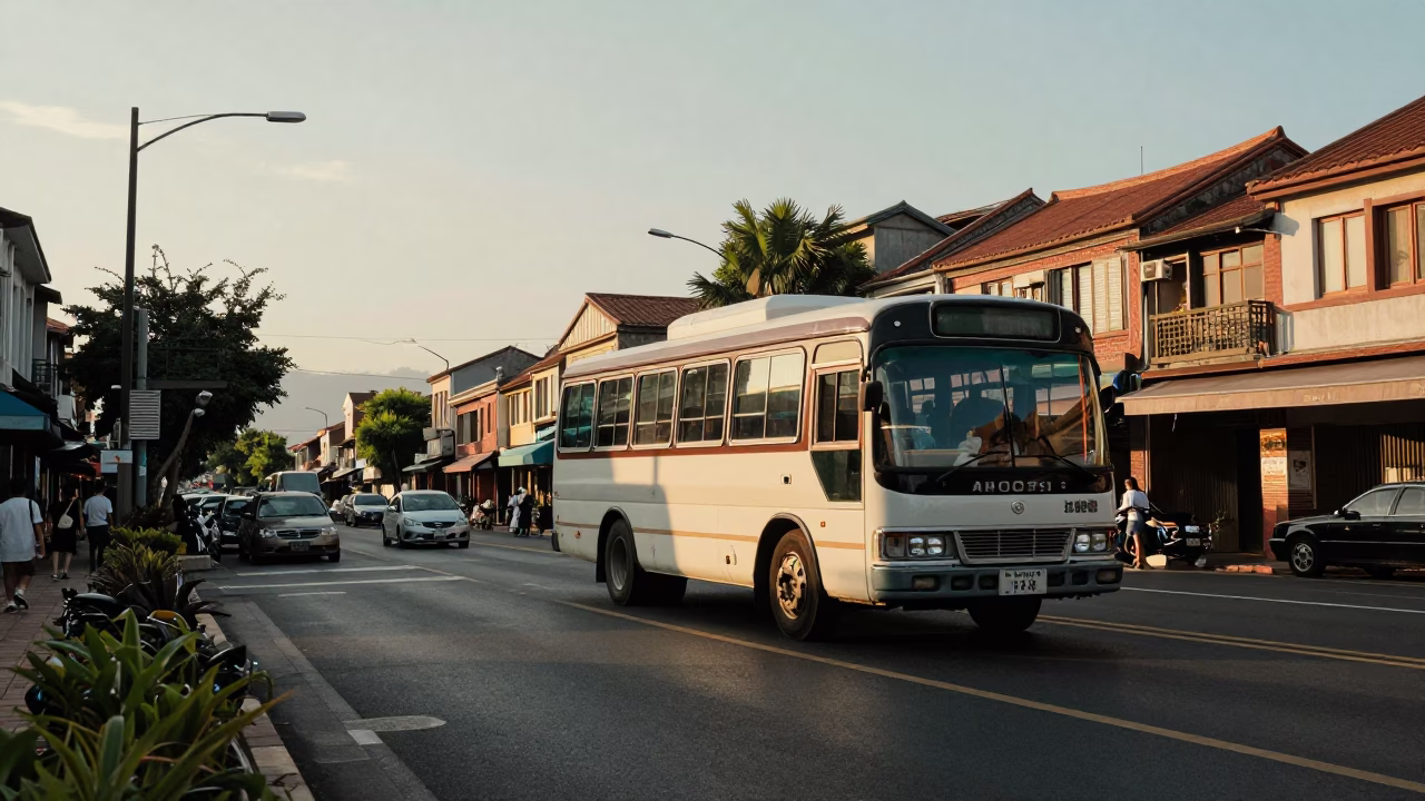 Late Afternoon Street Scene in Tainan Taiwan with Classic Bus and Local Life in in Tainan, Taiwan