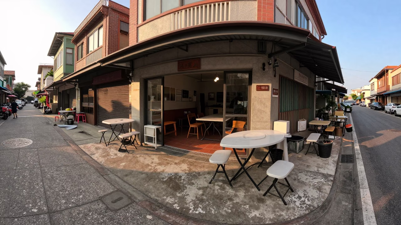 Late Afternoon Street Scene in Tainan Taiwan with Folding Tables and Vintage Diner Atmosphere in in Tainan, Taiwan