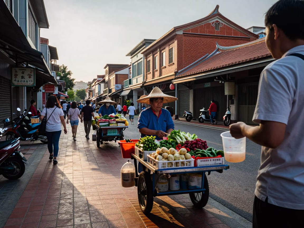 Late Afternoon Street Scene in Tainan Taiwan with Local Vendor and Measuring Cup in in Tainan, Taiwan