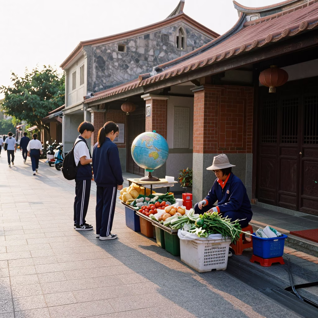Late Afternoon Street Scene in Tainan Taiwan with Local Vendor and Students in in Tainan, Taiwan