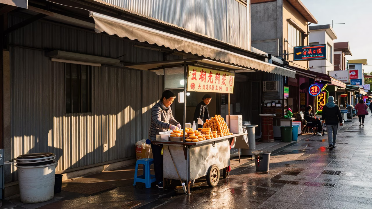 Late Afternoon Street Scene in Tainan Taiwan with Loukoumades Honey Sweets in in Tainan, Taiwan