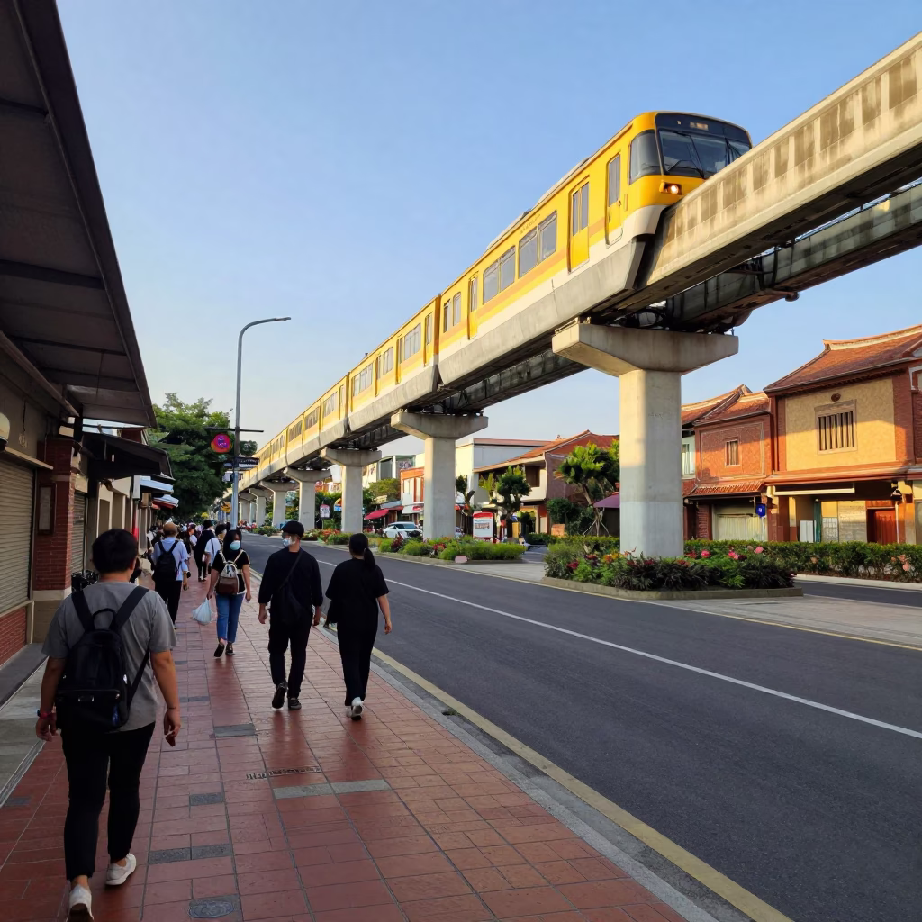 Late afternoon street scene in Tainan Taiwan with monorail and local vendors in in Tainan, Taiwan