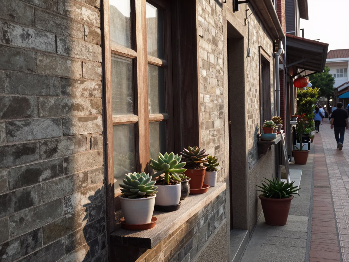 Late Afternoon Street Scene in Tainan Taiwan with Potted Succulents and Traditional Architecture in in Tainan, Taiwan