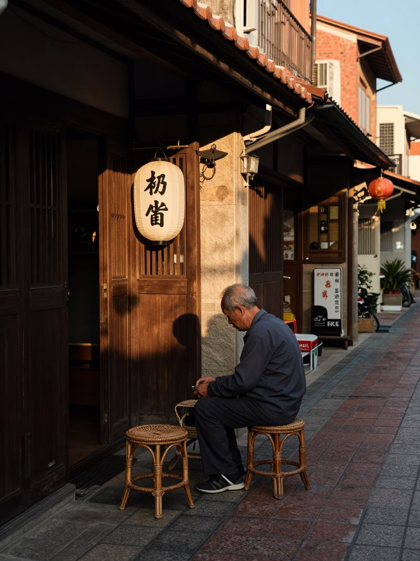 Late Afternoon Street Scene in Tainan Taiwan with Rattan Stool and Latch Details in in Tainan, Taiwan