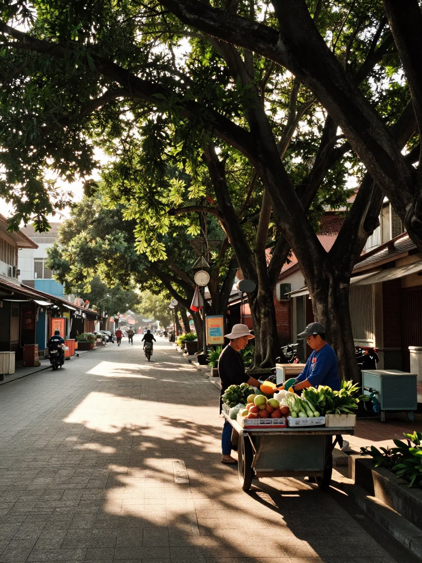 Late Afternoon Street Scene in Tainan Taiwan with Sunlight and Local Commerce in in Tainan, Taiwan