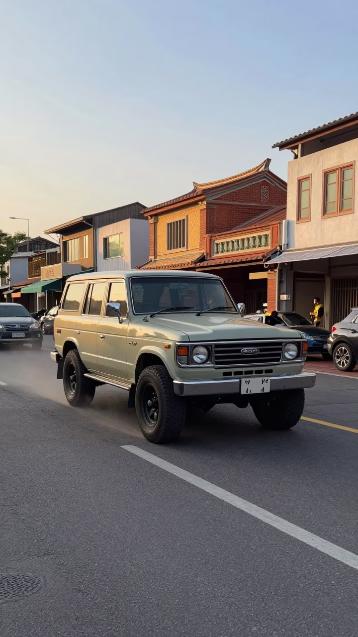 Late Afternoon Street Scene in Tainan Taiwan with Vintage SUV and Local Details in in Tainan, Taiwan