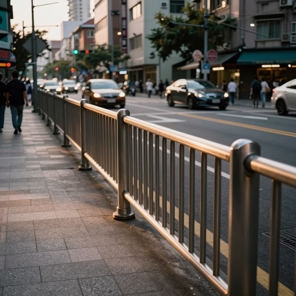 Late Afternoon Street Scene in Taipei Taiwan with Brushed Steel Rail and Urban Details in in Taipei, Taiwan