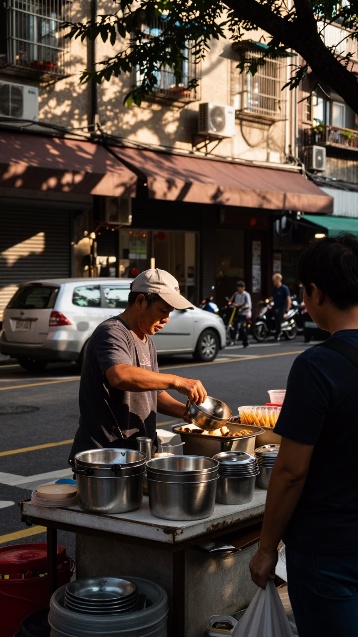 Late Afternoon Street Scene in Taipei Taiwan with Leaf Shadows and Utensil Crocks in in Taipei, Taiwan