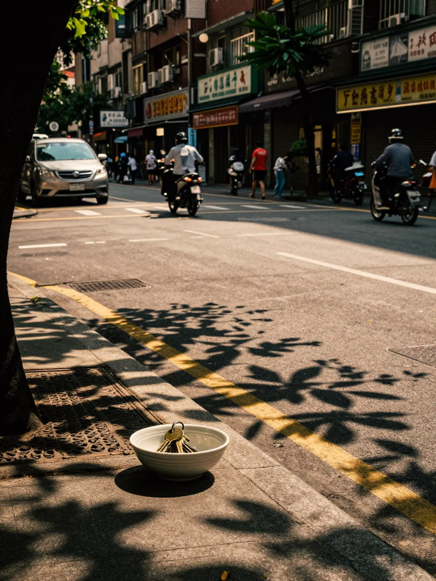 Late Afternoon Street Scene in Taipei Taiwan with Leaf Shadows and Vintage Details in in Taipei, Taiwan