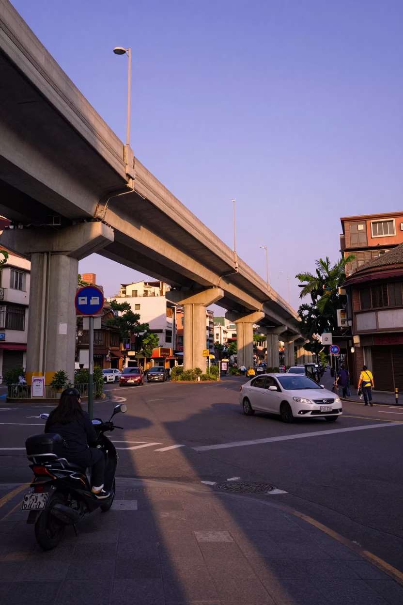 Late Afternoon Street Scene in Taipei Taiwan with Overpass and Local Life in in Taipei, Taiwan
