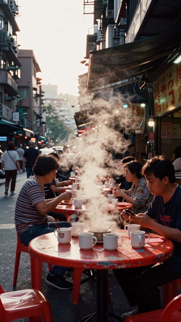 Late Afternoon Street Scene in Taipei Taiwan with Steam and Local Dining in in Taipei, Taiwan