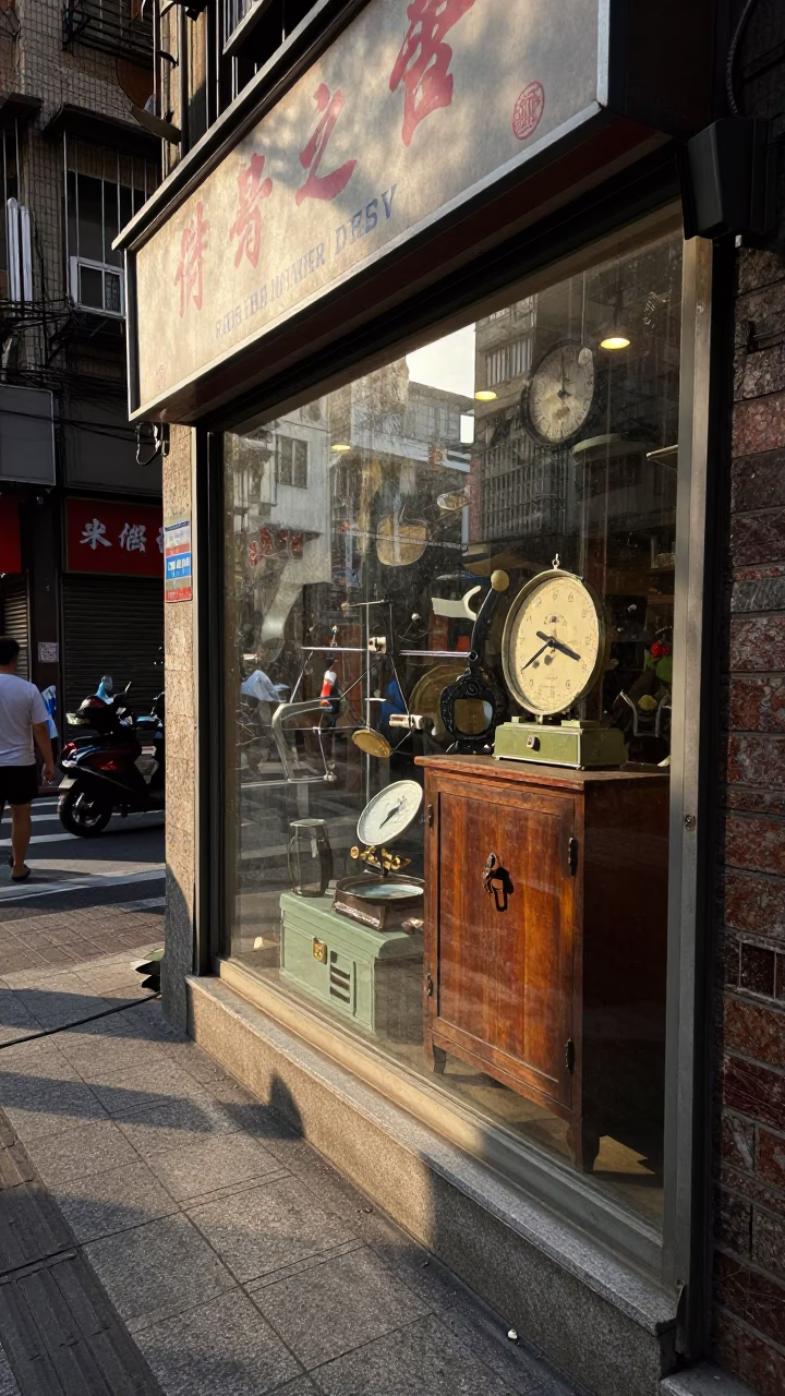 Late Afternoon Street Scene in Taipei Taiwan with Vintage Shop Display in in Taipei, Taiwan
