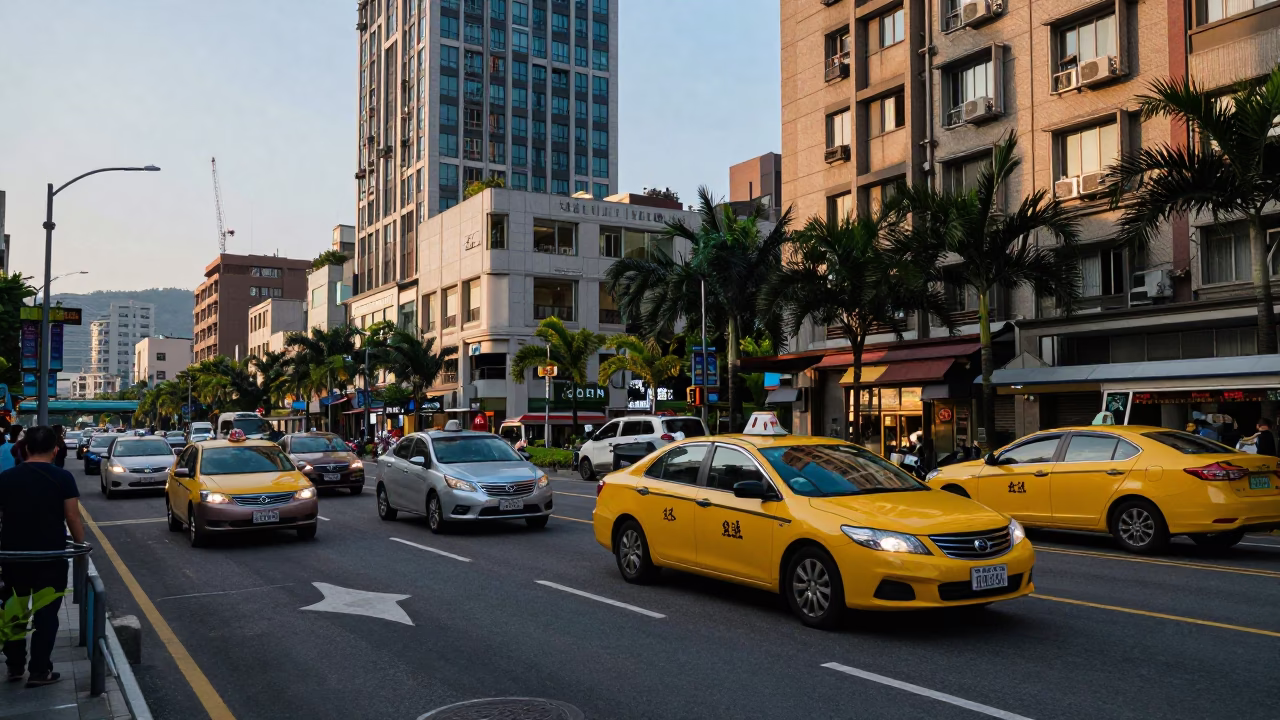 Late Afternoon Street Scene in Taipei Taiwan with Yellow Taxi and Urban Details in in Taipei, Taiwan