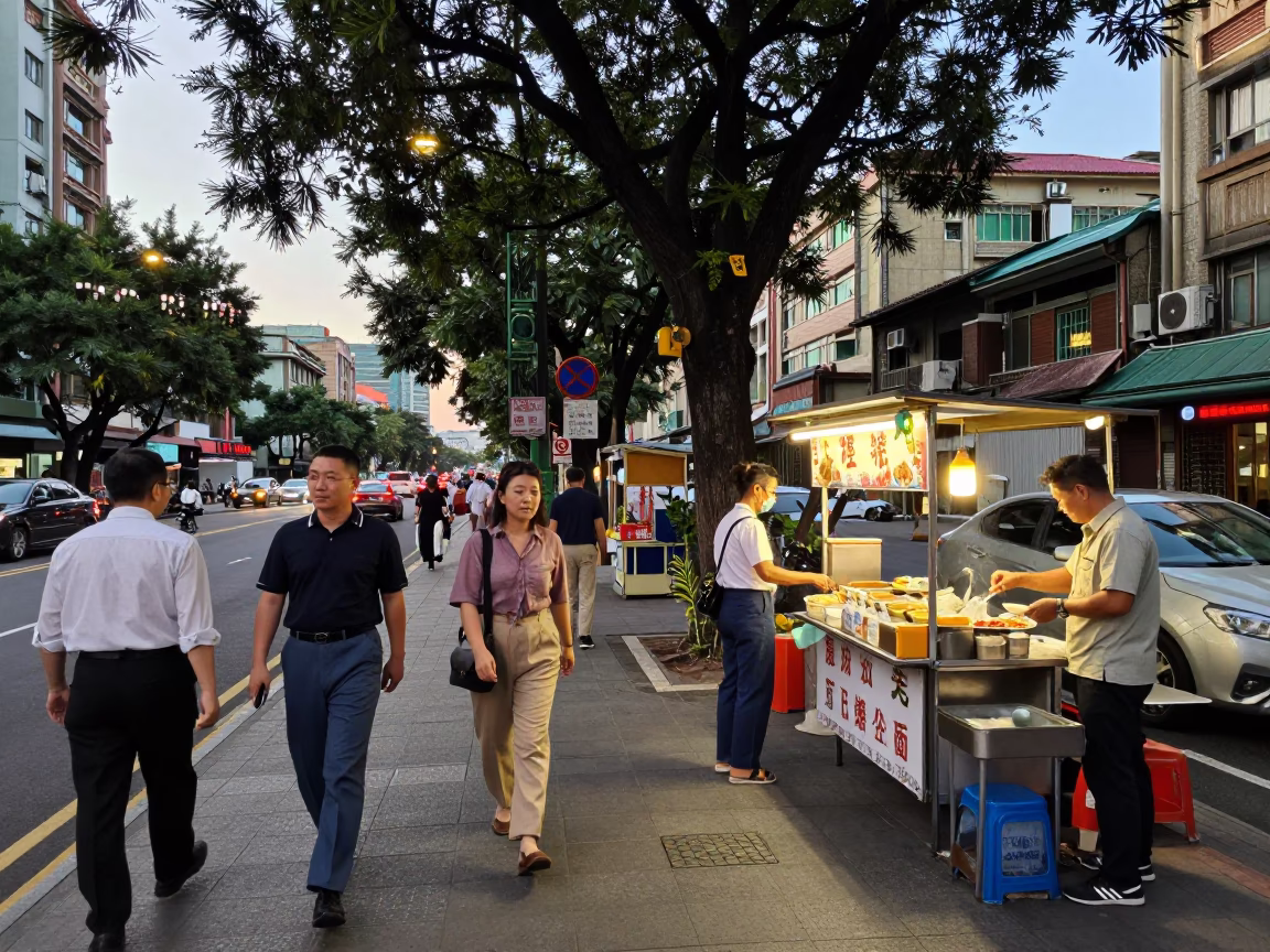 Late Afternoon Street Scene in Taipei with Kapok Tree and Local Life in in Taipei, Taiwan