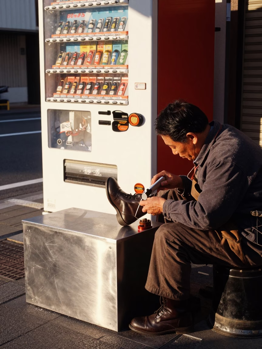 Late Afternoon Street Scene in Tokyo Japan with Brushed Steel Countertop and Cobblestone Sidewalk in in Tokyo, Japan