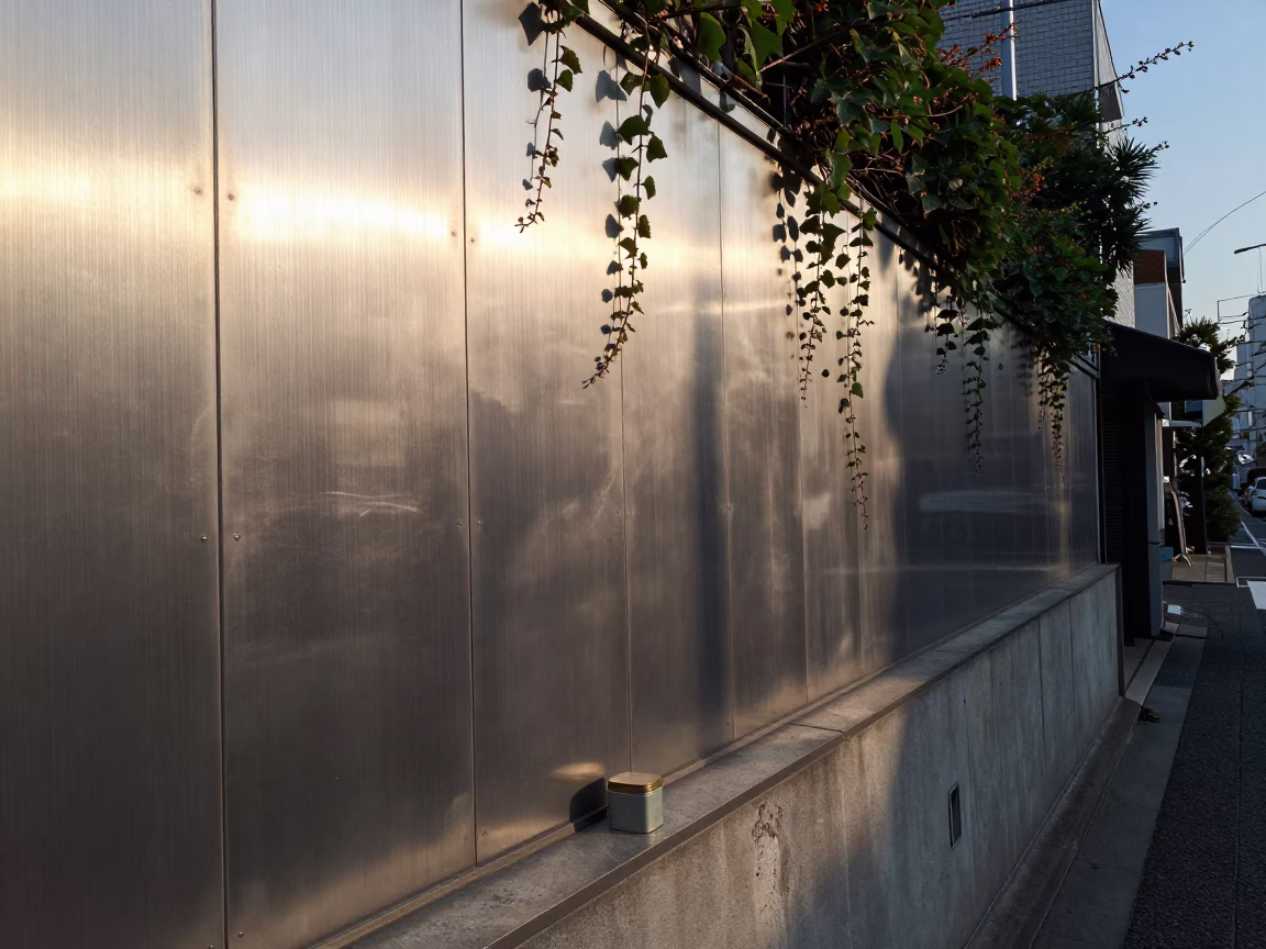 Late Afternoon Street Scene in Tokyo Japan with Brushed Steel Wall and Ivy Vines in in Tokyo, Japan