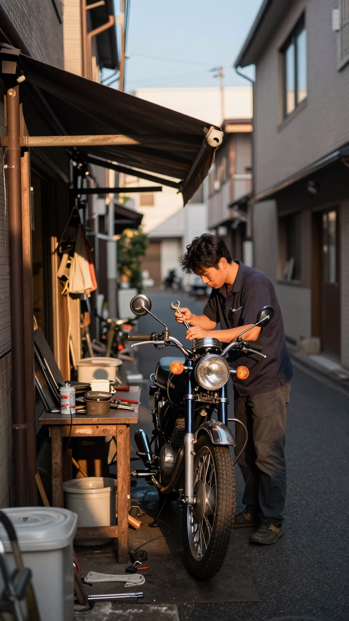 Late Afternoon Street Scene in Tokyo Japan with Wrench on Workbench in in Tokyo, Japan