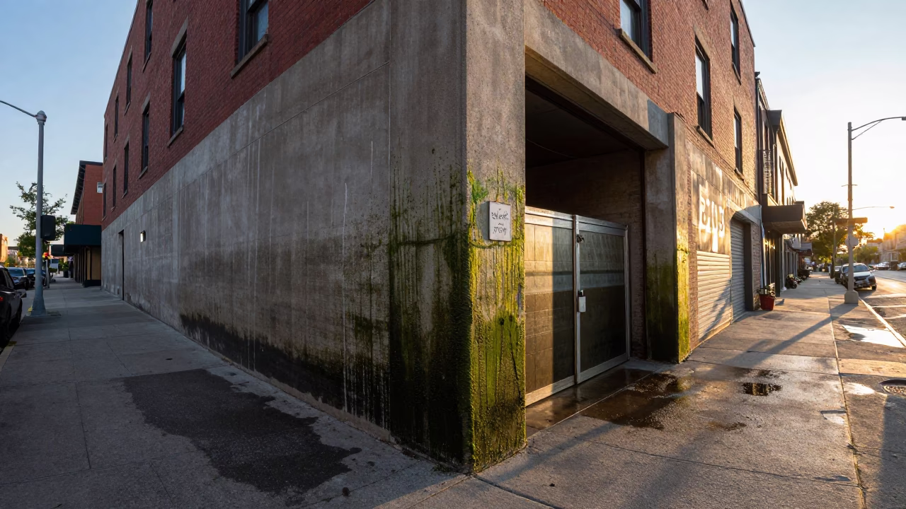 Late Afternoon Street Scene in Toronto Ontario Featuring Algae Streaked Concrete Floodgate Chamber in in Toronto, Ontario, Canada