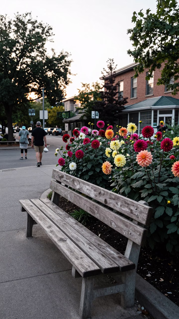 Late Afternoon Street Scene in Toronto Ontario with Dahi Garden Blooms and Tea Stains in in Toronto, Ontario, Canada
