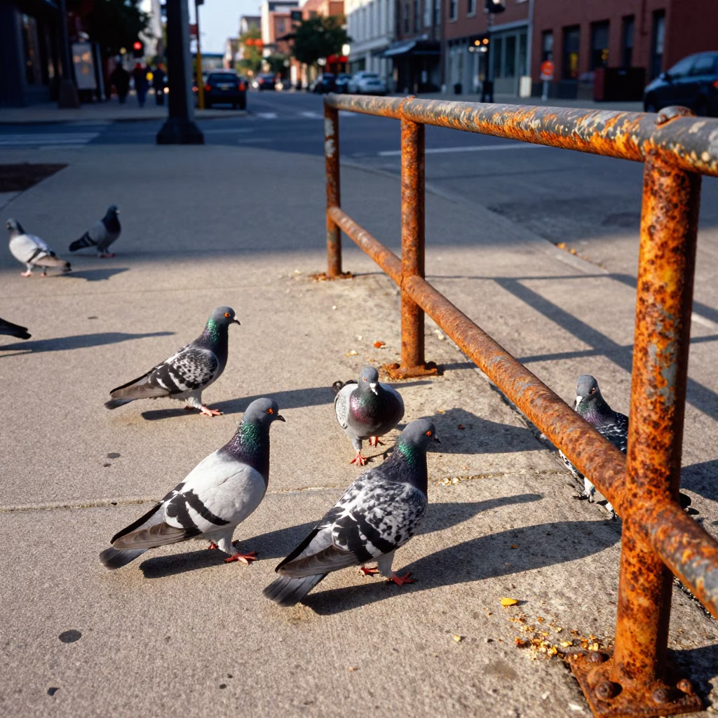 Late Afternoon Street Scene in Toronto Ontario with Pigeons and Rusty Railings in in Toronto, Ontario, Canada