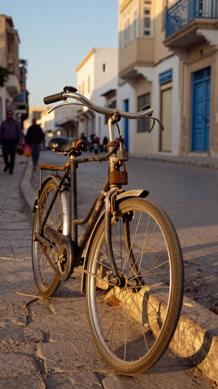 Late Afternoon Street Scene in Tunis Tunisia with Bicycle Padlock and Urban Details in in Tunis, Tunisia