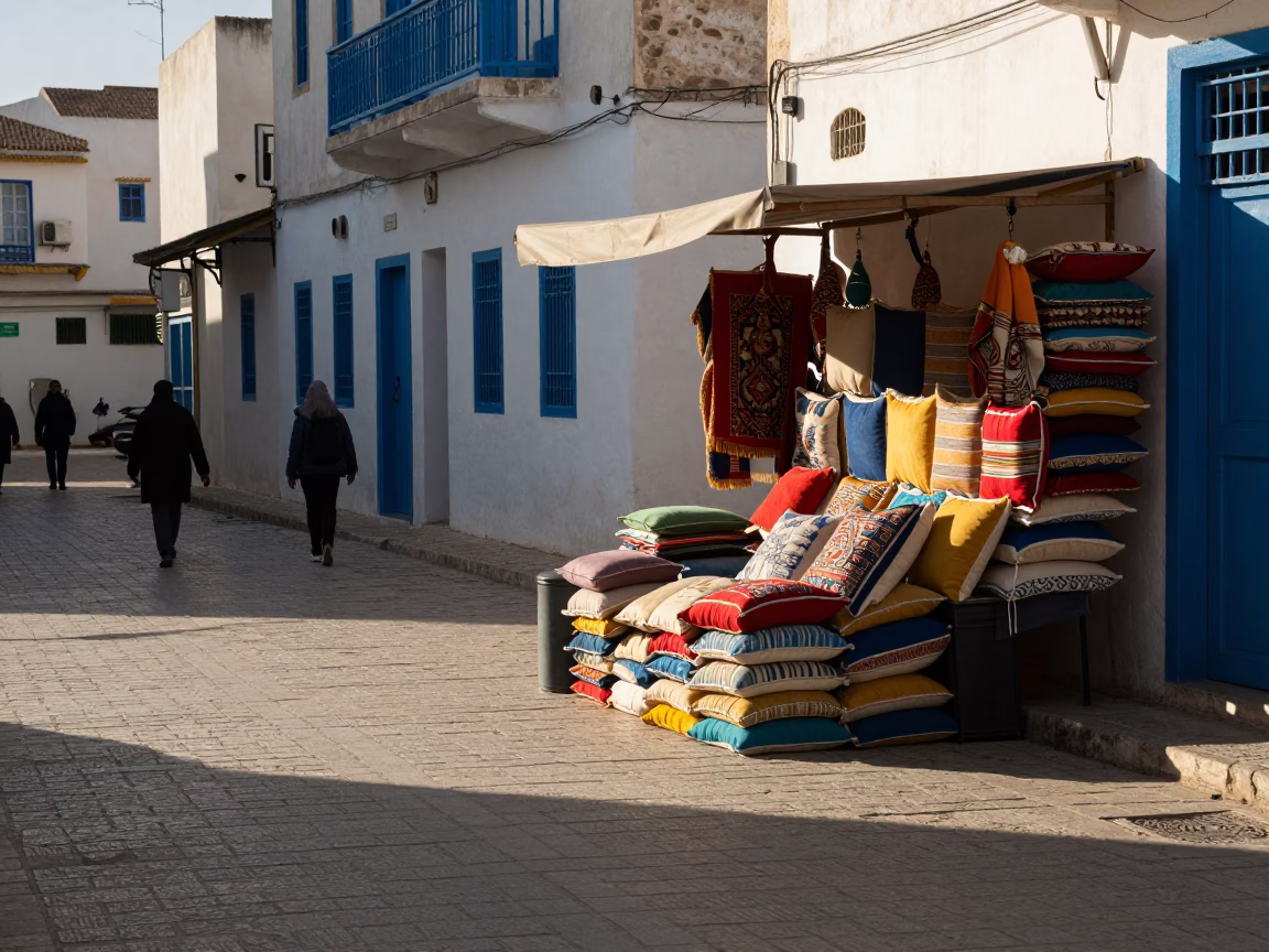 Late Afternoon Street Scene in Tunis Tunisia with Cushions and Daily Life in in Tunis, Tunisia