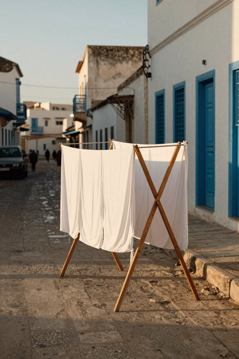Late Afternoon Street Scene in Tunis Tunisia with Drying Rack and Clay Pot in in Tunis, Tunisia