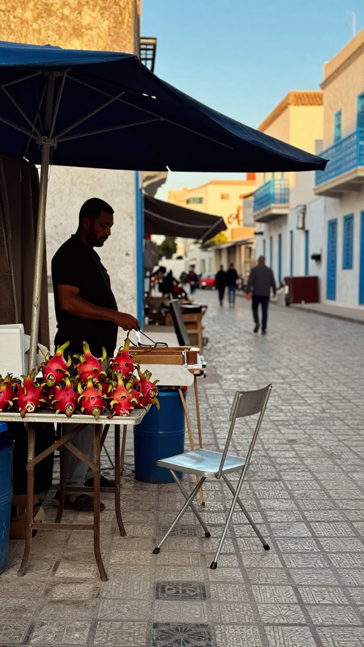 Late Afternoon Street Scene in Tunis Tunisia with Folding Chair and Wicker Shadow in in Tunis, Tunisia