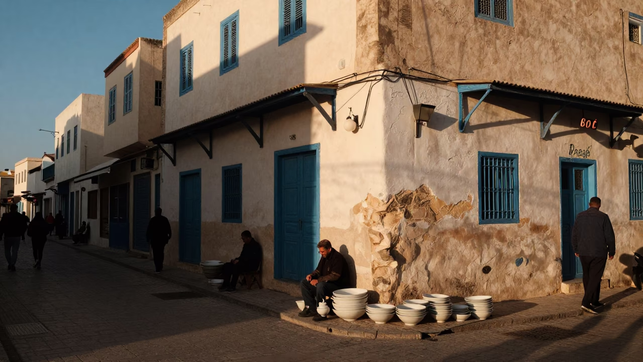 Late Afternoon Street Scene in Tunis Tunisia with Soup Bowls and Urban Life in in Tunis, Tunisia