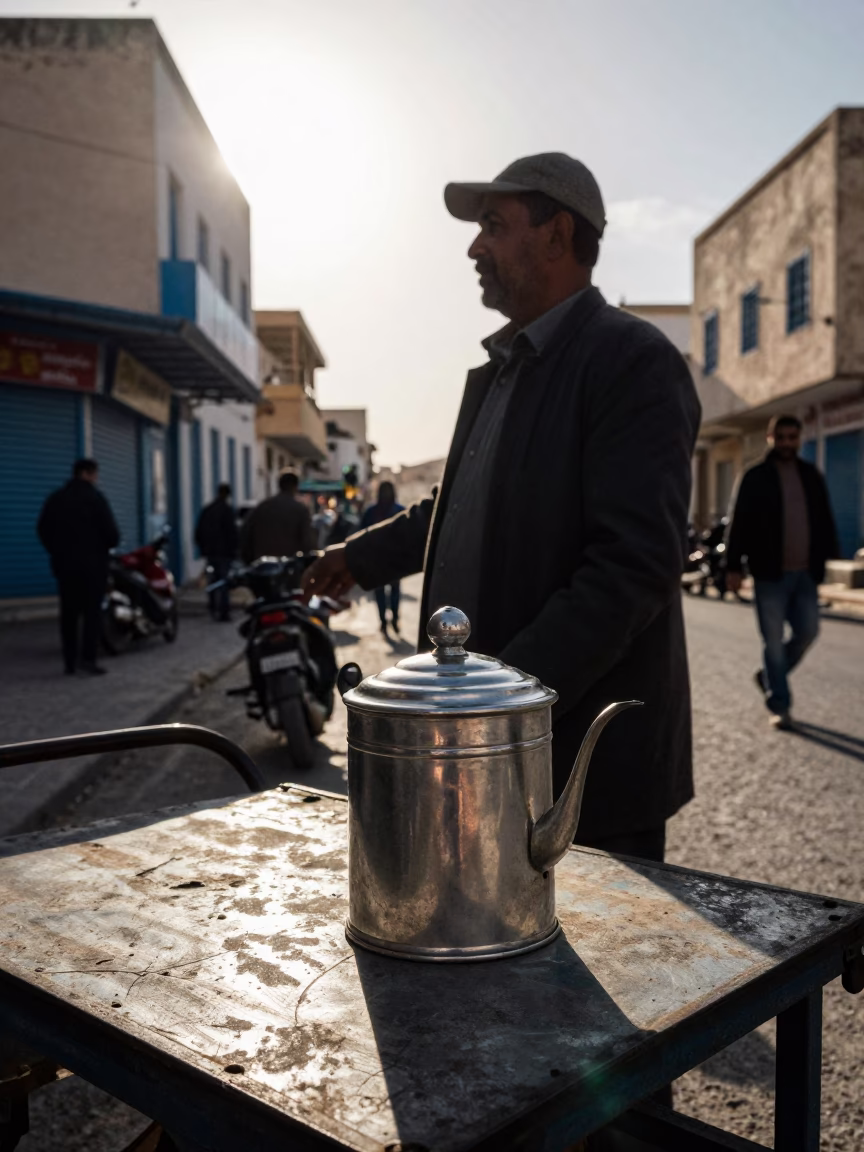 Late Afternoon Street Scene in Tunis Tunisia with Tea Tin and Sunlight in in Tunis, Tunisia