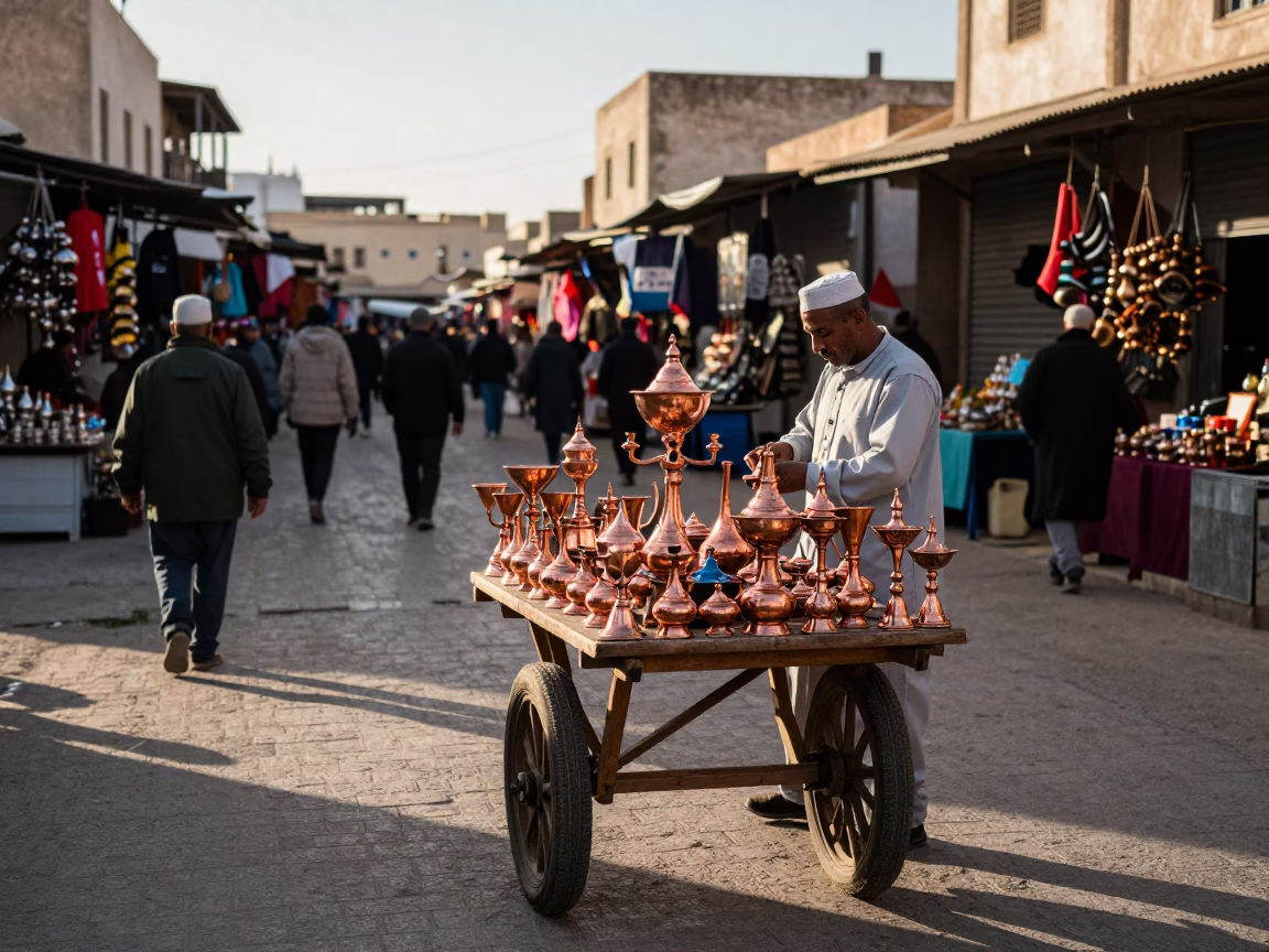 Late Afternoon Street Scene in Tunis Tunisia with Traditional Copper Wares and Local Commerce in in Tunis, Tunisia