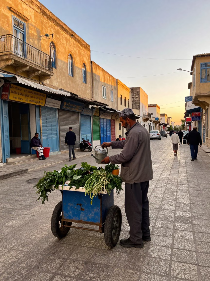 Late Afternoon Street Scene in Tunis Tunisia with Watering Jug and Cutlery in in Tunis, Tunisia