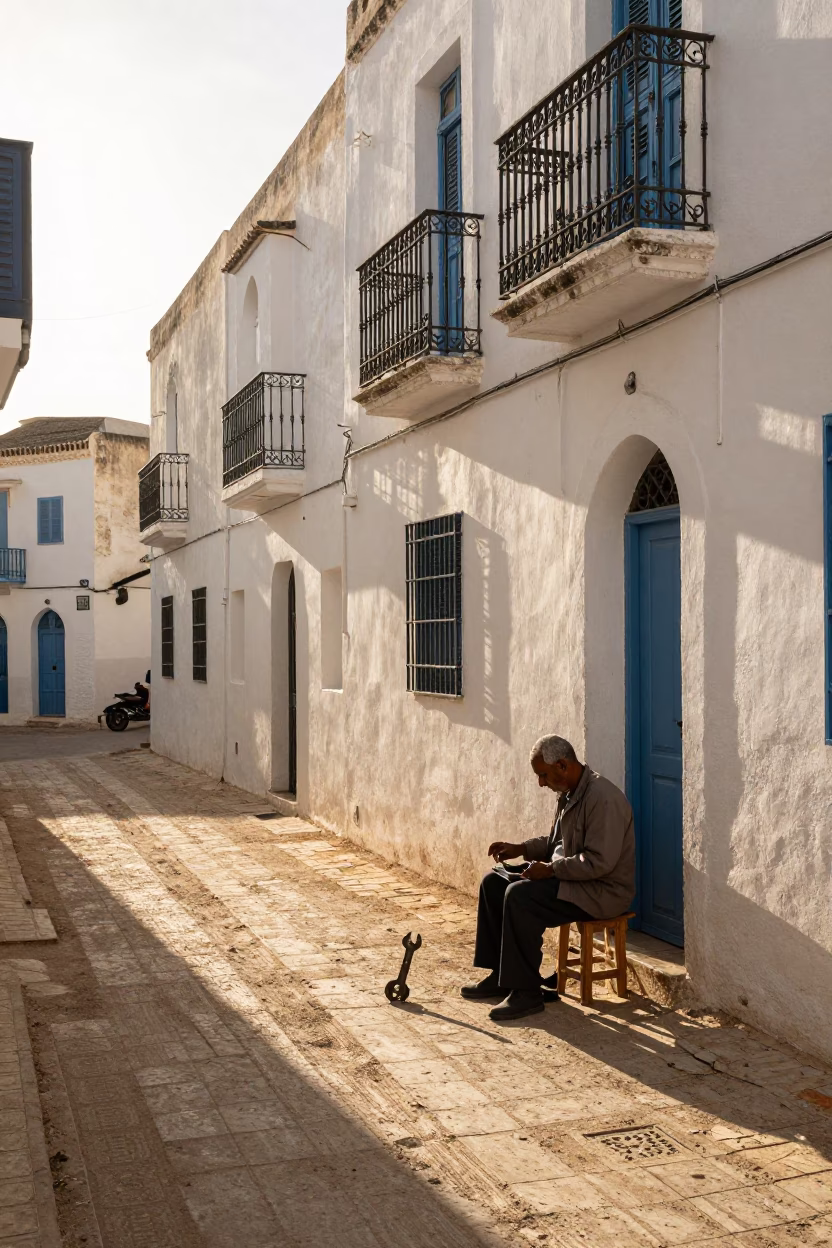 Late Afternoon Street Scene in Tunis Tunisia with Wrench and Dip Pen in in Tunis, Tunisia