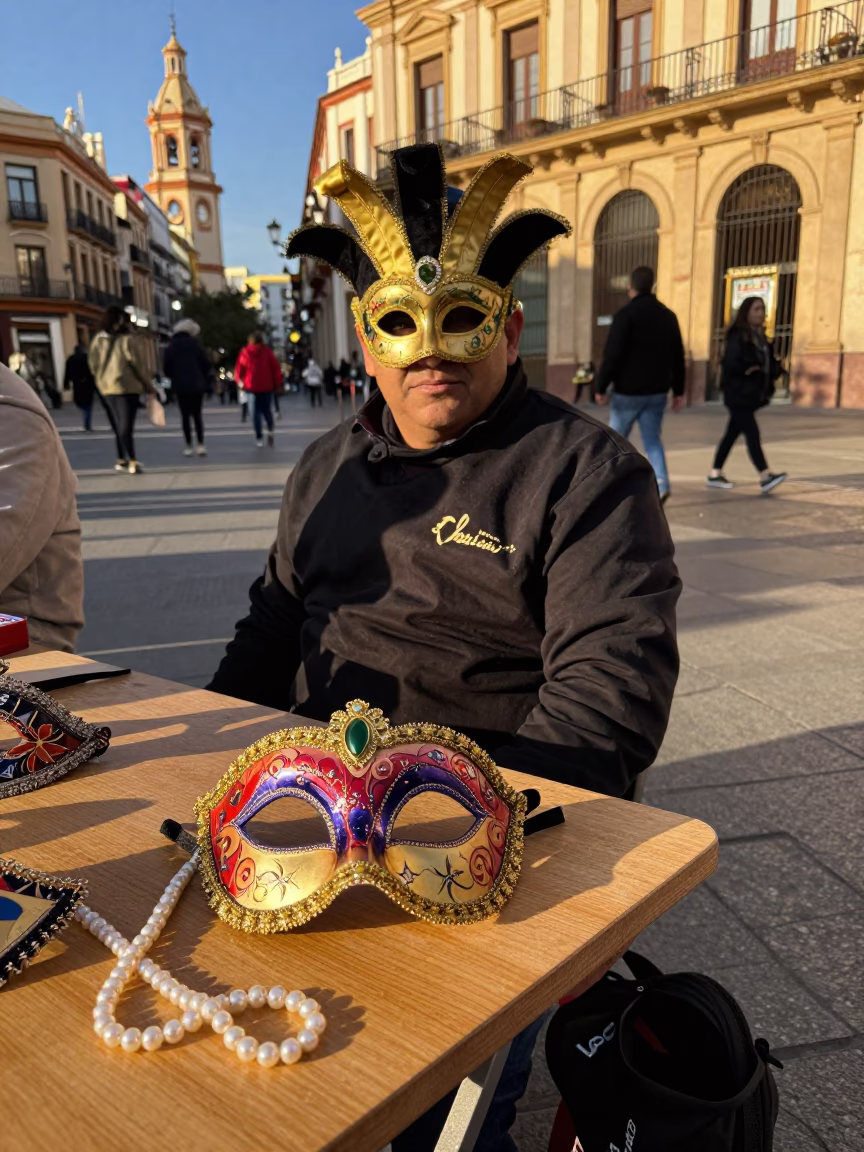 Late Afternoon Street Scene in Valencia Spain with Carnival Mask and Pearl Necklaces in in Valencia, Spain
