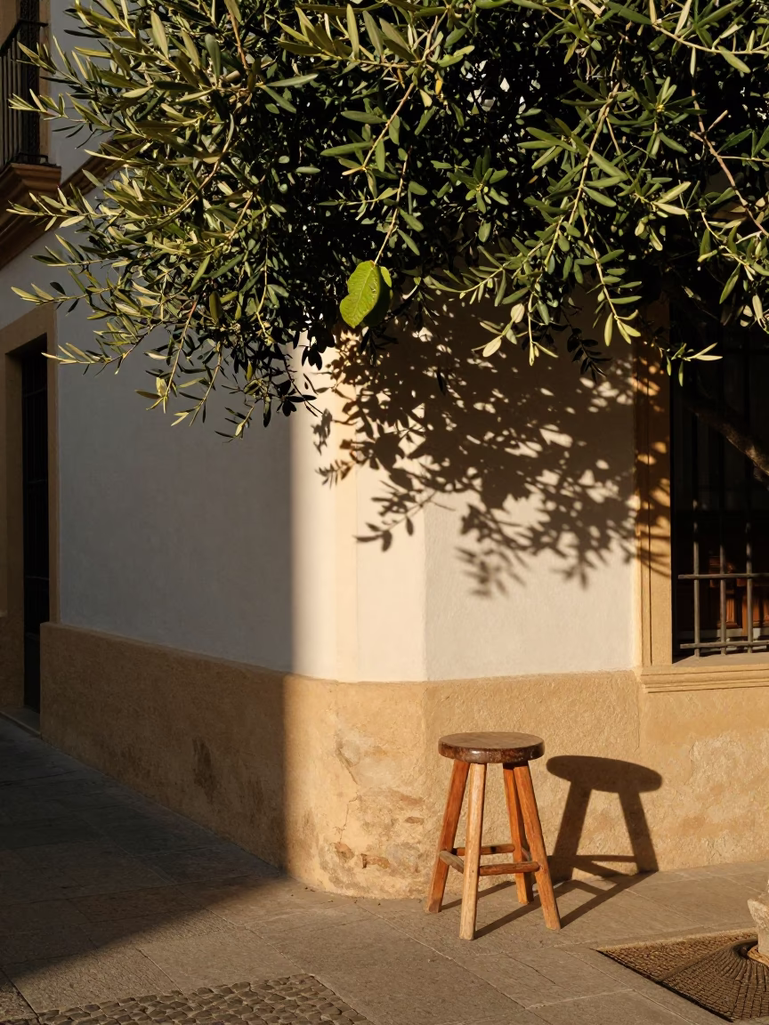 Late Afternoon Street Scene in Valencia Spain with Colander and Leaf Shadows in in Valencia, Spain