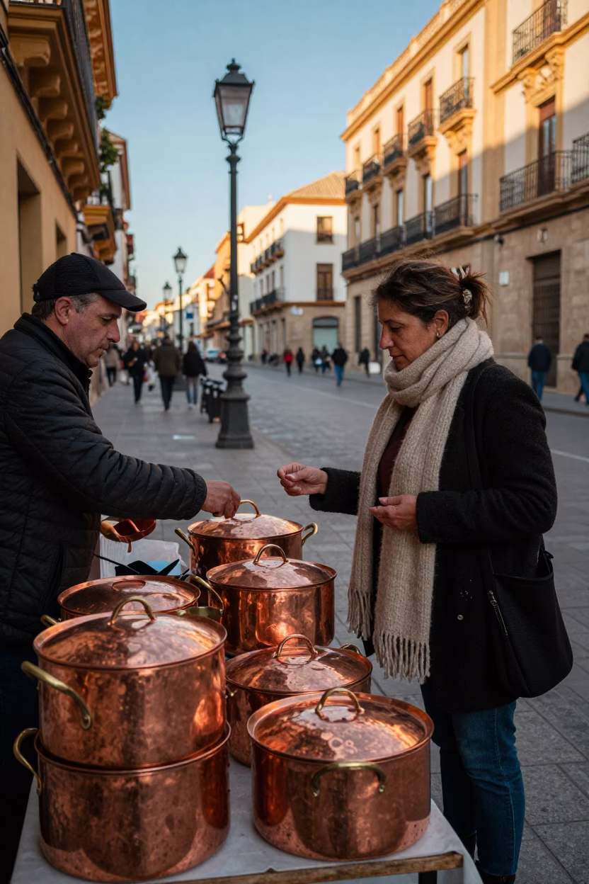 Late Afternoon Street Scene in Valencia Spain with Copper Pots and Wool Scarves in in Valencia, Spain