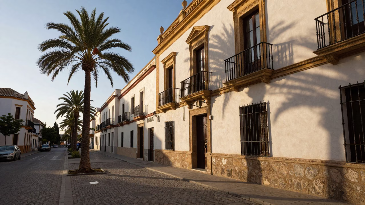 Late afternoon street scene in Valencia Spain with date palm and traditional architecture in in Valencia, Spain